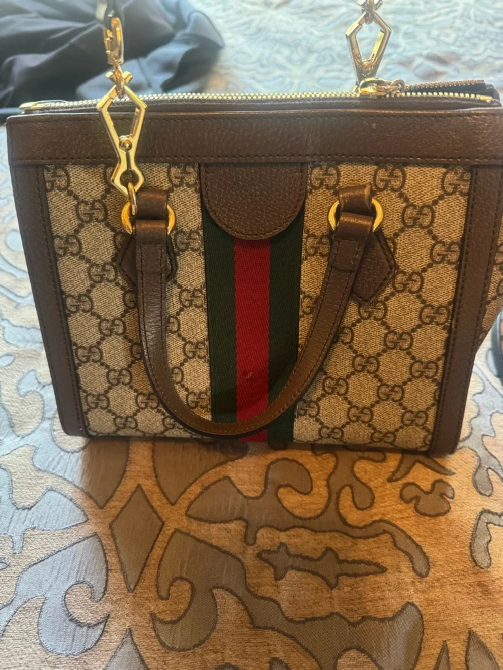 Gucci Brown GG Supreme Canvas Satchel with Green-Red Web Stripe - Picture 5 of 9